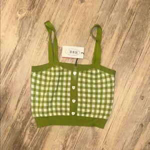 NWT New Cider Green Checkered Knit Crop Top Sz XS Heart Buttons